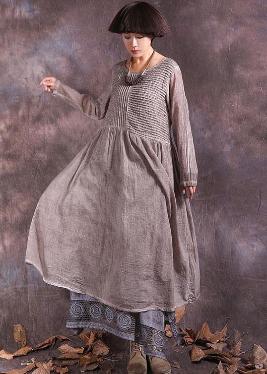 Handmade khaki Cinched cotton linen quilting clothes long sleeve long summer Dress - SooLinen