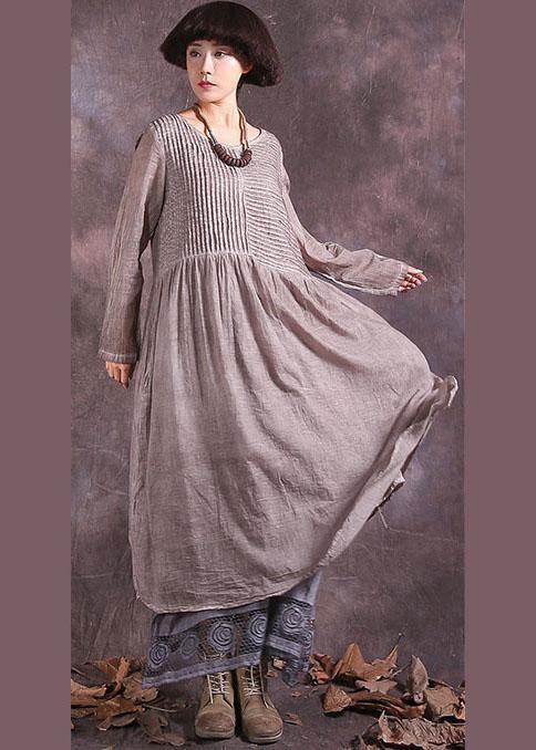 Handmade khaki Cinched cotton linen quilting clothes long sleeve long summer Dress - SooLinen