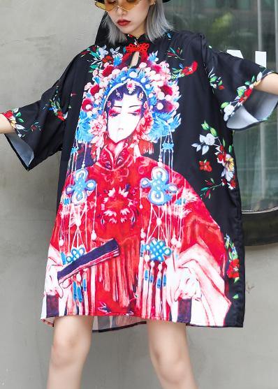 Handmade lapel half sleeve Cotton clothes For Women design black print Dresses summer - SooLinen