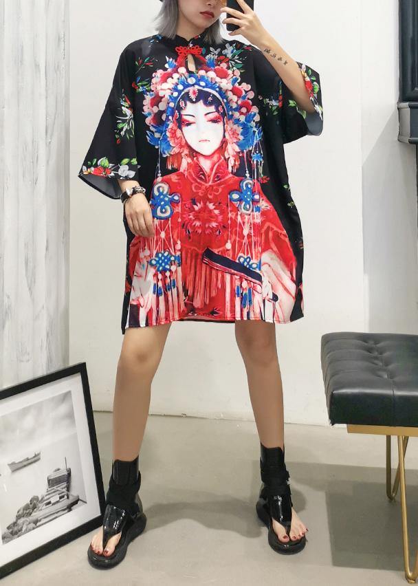 Handmade lapel half sleeve Cotton clothes For Women design black print Dresses summer - SooLinen