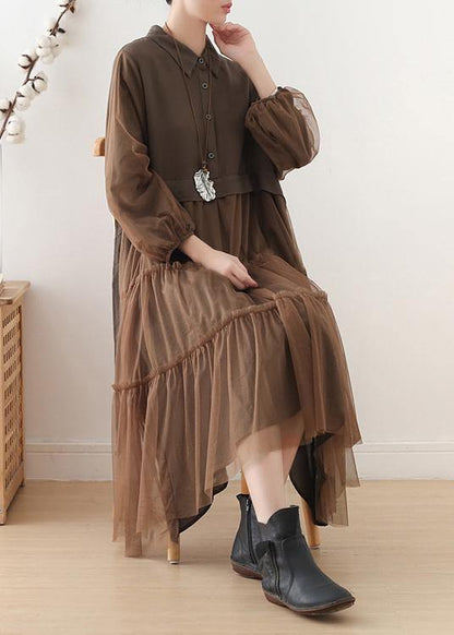 Handmade lapel patchwork tulle clothes Catwalk chocolate robes Dresses - SooLinen