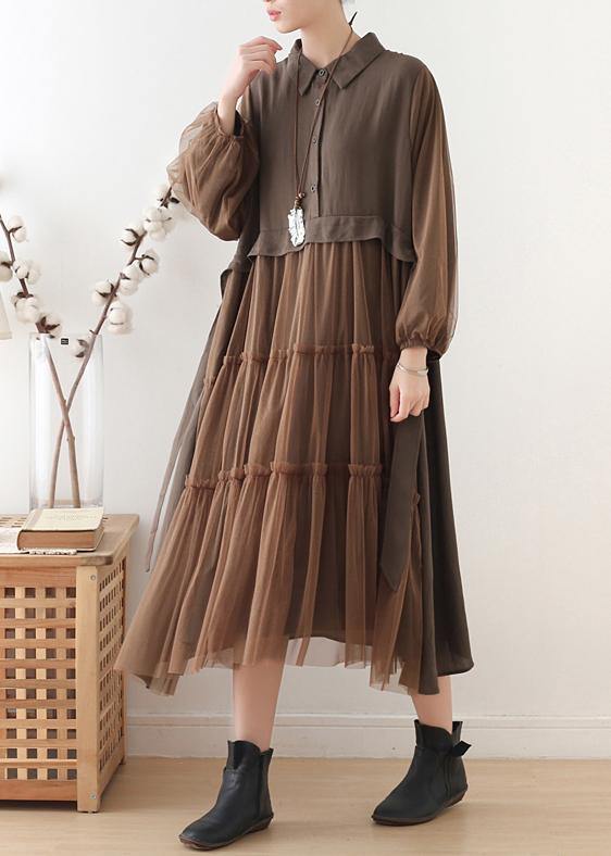 Handmade lapel patchwork tulle clothes Catwalk chocolate robes Dresses - SooLinen