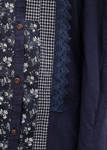 Handmade linen Robes Fashion Retro Blue Splice Turn-down Collar Linen Dress