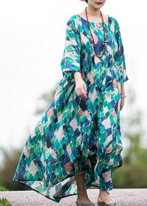 Handmade multicolor Plaid cotton clothes o neck tie waist Maxi summer Dresses - SooLinen