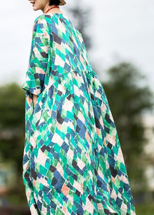 Handmade multicolor Plaid cotton clothes o neck tie waist Maxi summer Dresses - SooLinen