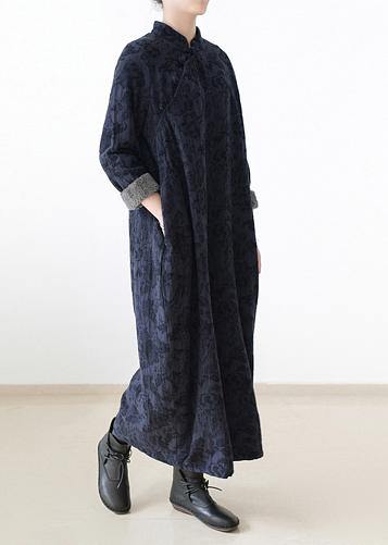 Handmade navy thick cotton clothes For Women Chinese Button loose o neck Dresses - SooLinen
