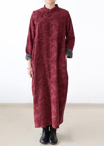 Handmade navy thick cotton clothes For Women Chinese Button loose o neck Dresses - SooLinen