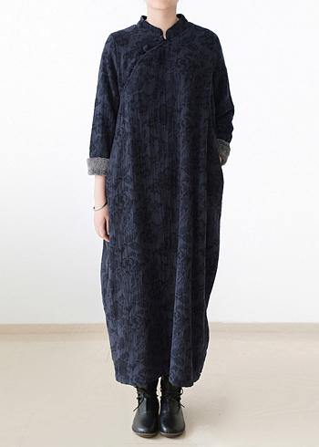 Handmade navy thick cotton clothes For Women Chinese Button loose o neck Dresses - SooLinen