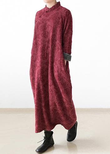 Handmade navy thick cotton clothes For Women Chinese Button loose o neck Dresses - SooLinen