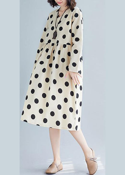 Handmade nude dotted Cotton tunic pattern v neck Plus Size fall Dress - SooLinen