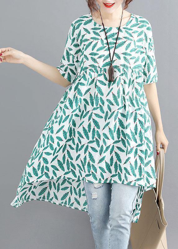 Handmade o neck asymmetric cotton linen dresses green print Dresses summer - SooLinen