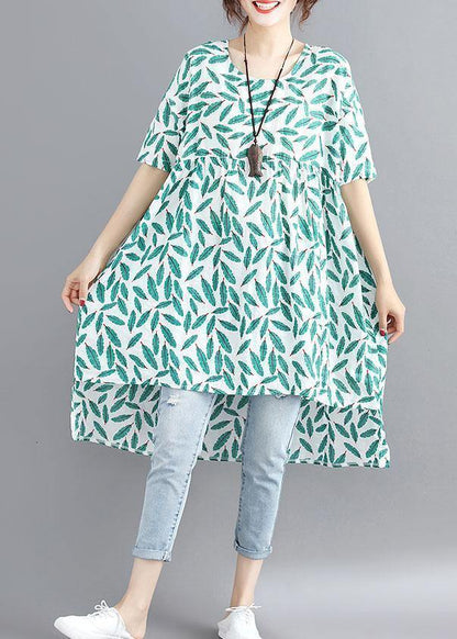 Handmade o neck asymmetric cotton linen dresses green print Dresses summer - SooLinen