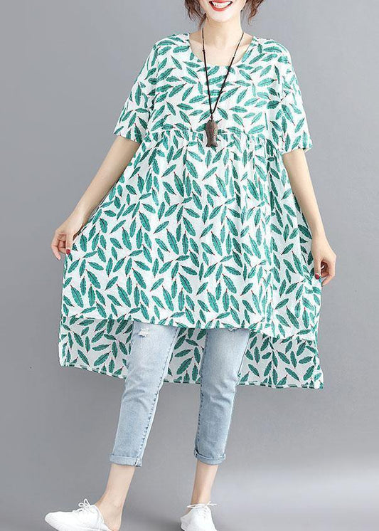 Handmade o neck asymmetric cotton linen dresses green print Dresses summer - SooLinen