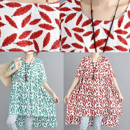 Handmade o neck asymmetric cotton linen dresses green print Dresses summer - SooLinen
