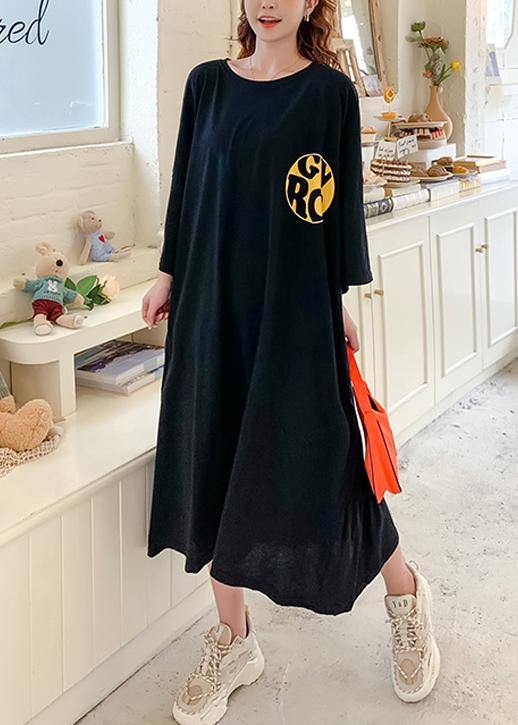 Handmade o neck baggy dress Runway black Cartoon print Traveling Dress - SooLinen