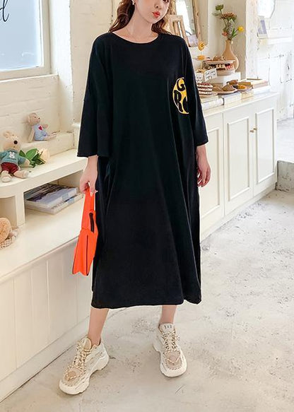 Handmade o neck baggy dress Runway black Cartoon print Traveling Dress - SooLinen