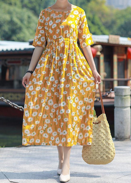 Handmade o neck drawstring cotton yellow print Maxi Dress summer - SooLinen