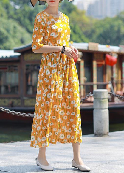 Handmade o neck drawstring cotton yellow print Maxi Dress summer - SooLinen
