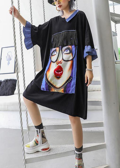 Handmade o neck half sleeve Cotton dresses Fashion black print Dress summer - SooLinen