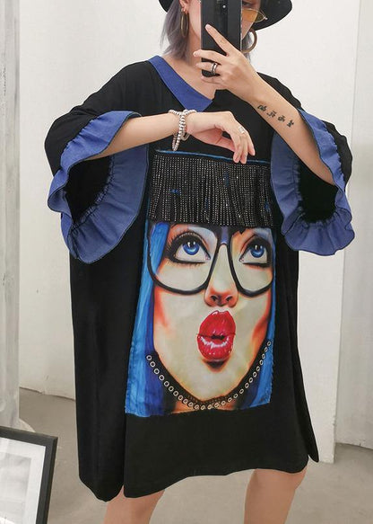 Handmade o neck half sleeve Cotton dresses Fashion black print Dress summer - SooLinen