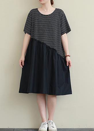 Handmade o neck patchwork Cotton Tunic Neckline black striped Dress - SooLinen