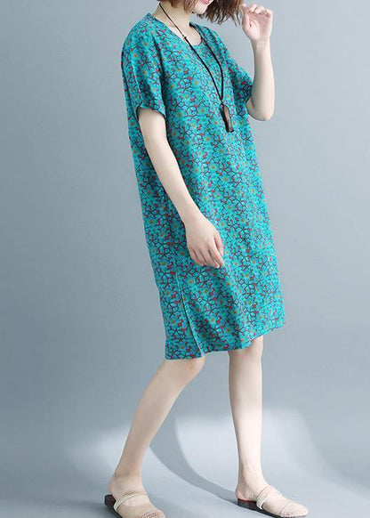 Handmade o neck pockets cotton linen outfit green print Dresses summer - SooLinen
