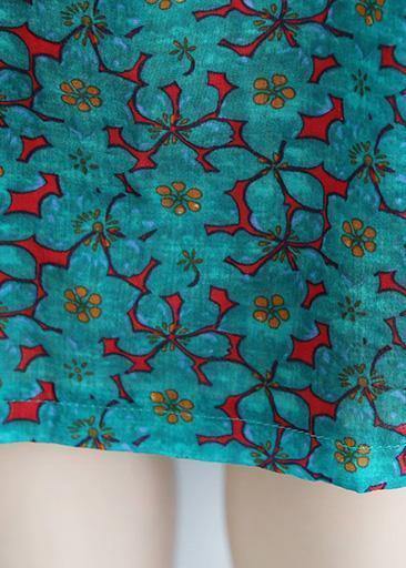 Handmade o neck pockets cotton linen outfit green print Dresses summer - SooLinen