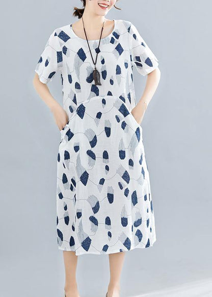 Handmade o neck pockets linen dresses Sewing navy print Dress summer - SooLinen
