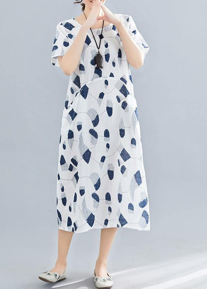 Handmade o neck pockets linen dresses Sewing navy print Dress summer - SooLinen