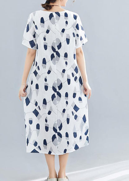 Handmade o neck pockets linen dresses Sewing navy print Dress summer - SooLinen