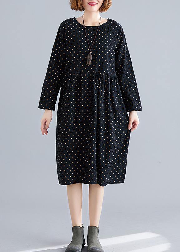 Handmade o neck Cinched Cotton spring Tunics pattern black dotted Dress - SooLinen
