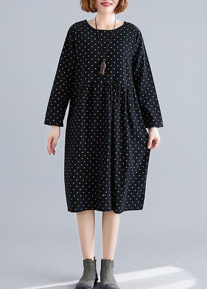 Handmade o neck Cinched Cotton spring Tunics pattern black dotted Dress - SooLinen