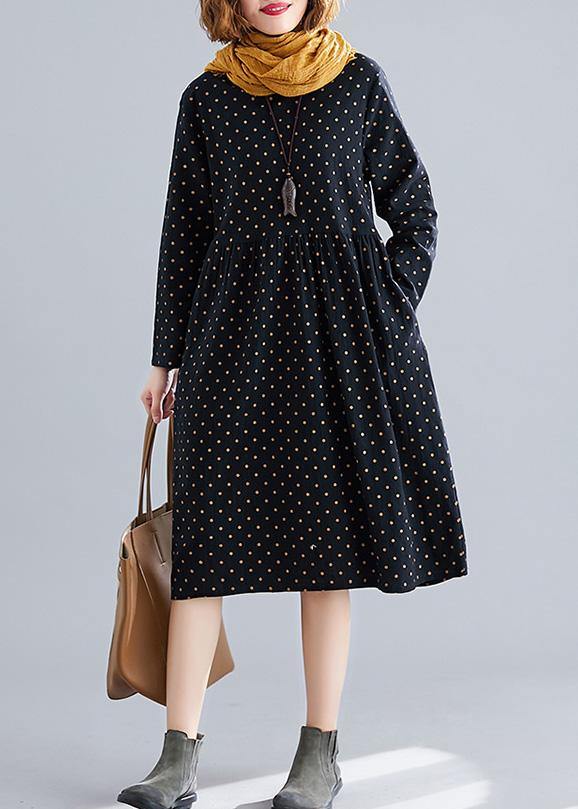 Handmade o neck Cinched Cotton spring Tunics pattern black dotted Dress - SooLinen