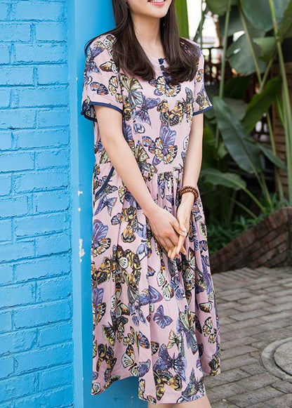 Handmade o neck Cinched cotton dresses Sleeve pink print Dress summer - SooLinen