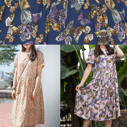 Handmade o neck Cinched cotton dresses Sleeve pink print Dress summer - SooLinen