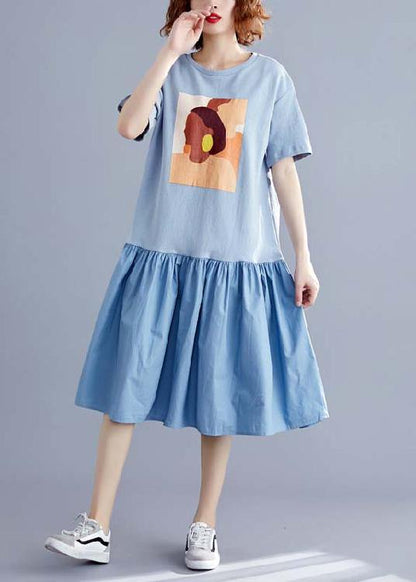 Handmade o neck Cinched linen cotton blue print Dresses summer - SooLinen