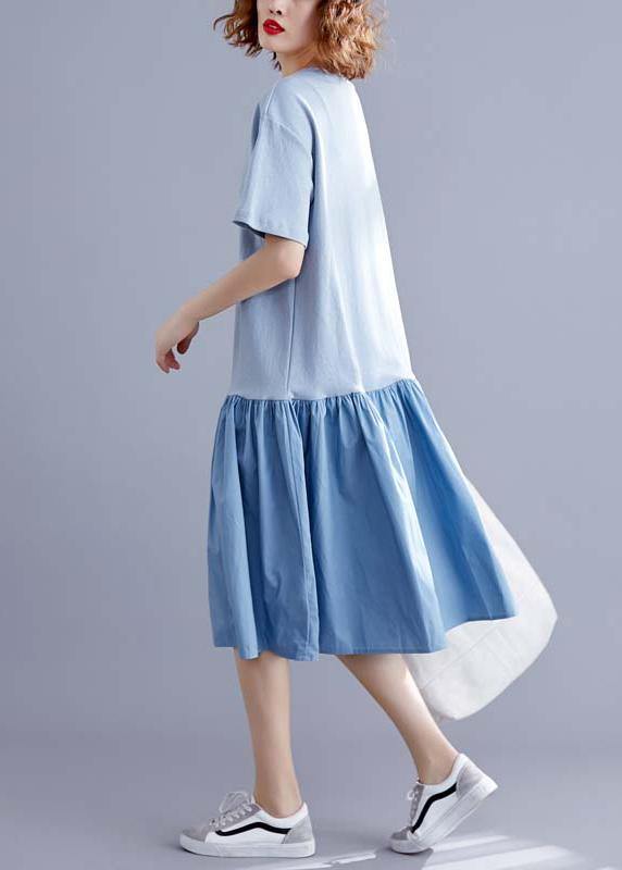 Handmade o neck Cinched linen cotton blue print Dresses summer - SooLinen