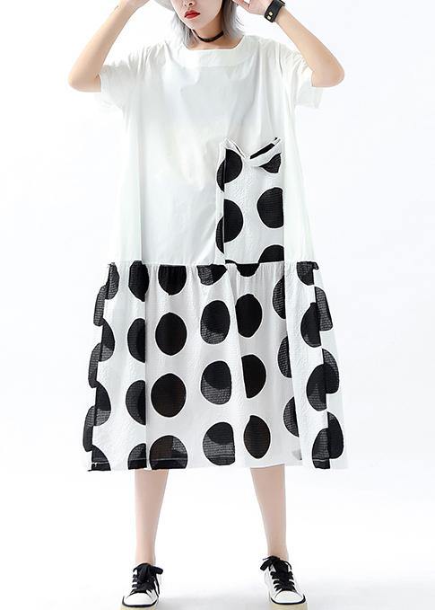 Handmade patchwork pockets linen cotton dresses Photography white dotted Dress summer - SooLinen