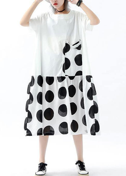 Handmade patchwork pockets linen cotton dresses Photography white dotted Dress summer - SooLinen