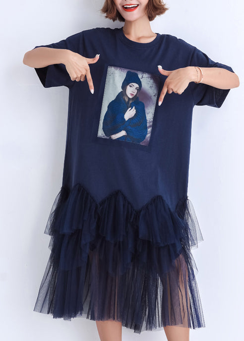 Handmade patchwork tulle Cotton clothes For Women 2025 Photography dark blue Midi Dress Summer