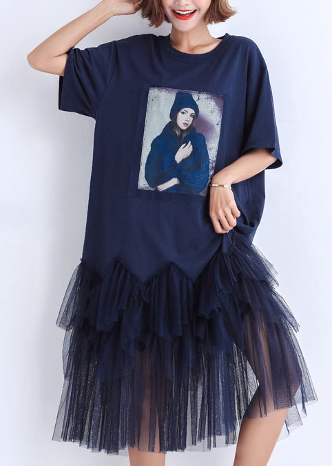 Handmade patchwork tulle Cotton clothes For Women 2025 Photography dark blue Midi Dress Summer
