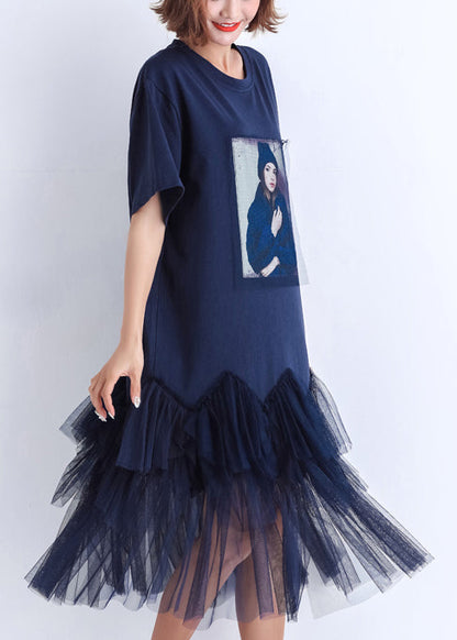 Handmade patchwork tulle Cotton clothes For Women 2025 Photography dark blue Midi Dress Summer