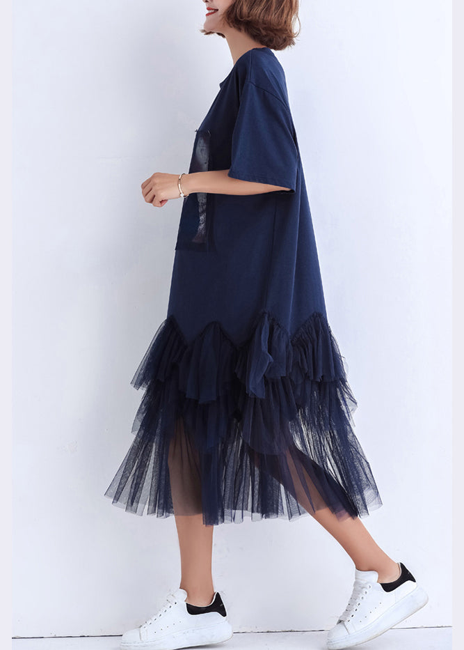 Handmade patchwork tulle Cotton clothes For Women 2025 Photography dark blue Midi Dress Summer
