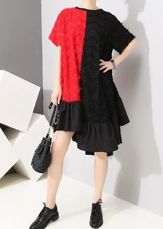 Handmade pattern Fun Short Sleeve Asymmetrical Round Neck Dress - SooLinen