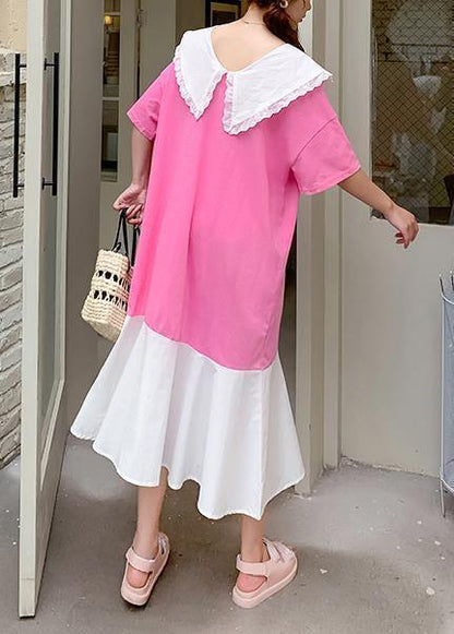 Handmade pink Cartoon print tunics for women Ruffled patchwork Dress - SooLinen