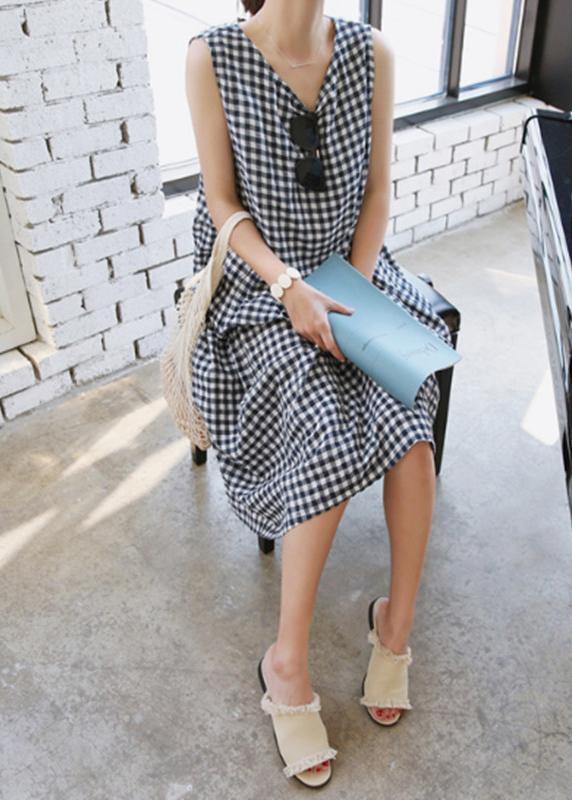 Handmade plaid linen Wardrobes Cinched o neck Plus Size Clothing summer Dress - SooLinen