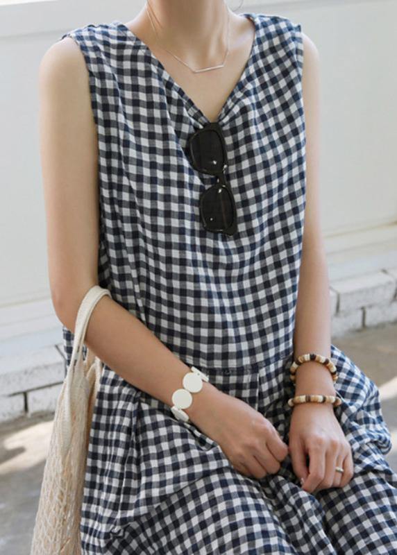 Handmade plaid linen Wardrobes Cinched o neck Plus Size Clothing summer Dress - SooLinen