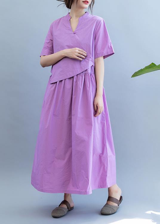 Handmade purple dress v neck patchwork Dress - SooLinen
