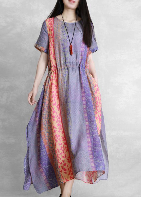 Handmade purple print dress o neck drawstring Robe Dress - SooLinen