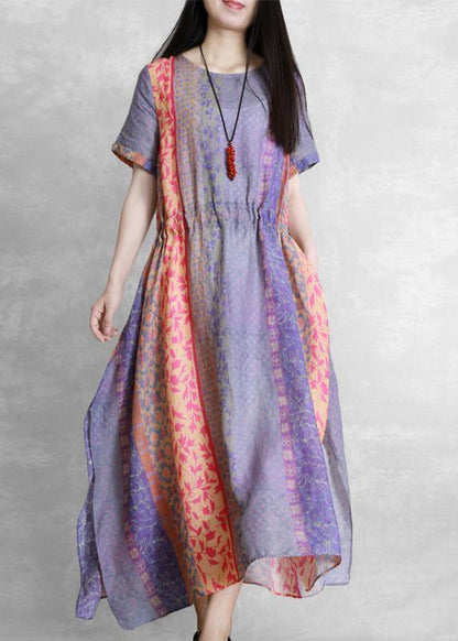 Handmade purple print dress o neck drawstring Robe Dress - SooLinen